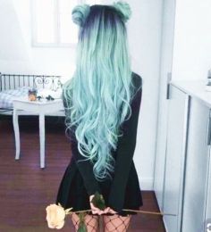 Dye Gradient Black Mint Green Split Long Curled Synthetic Fiber Wig